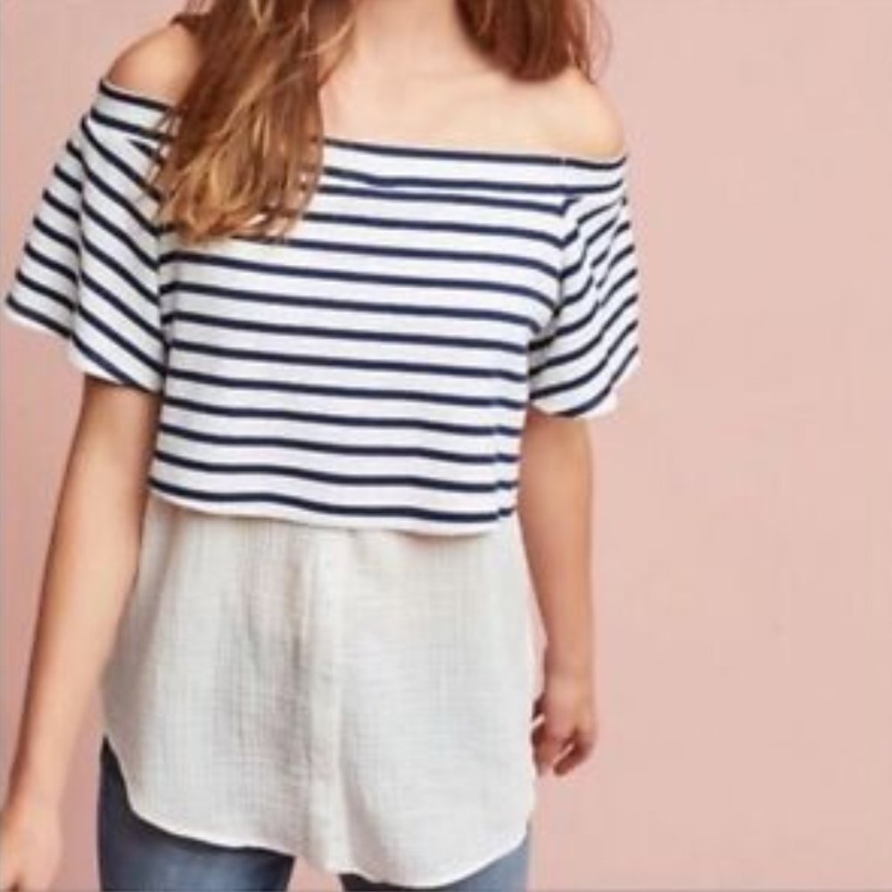 Anthropologie Postmark Striped Off Shoulder Navy Blue White Gauze Top Size Small